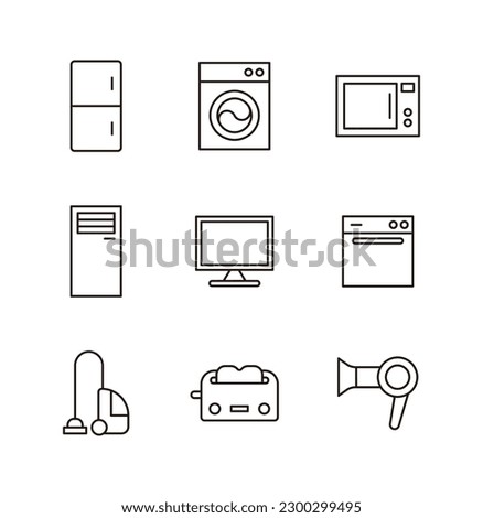 House appliances flat line icon set. Simple and minimal style concept. Refrigerator, washing machine, microwave, air conditioner, TV, monitor, oven, vacuum cleaner, oven, dryer.