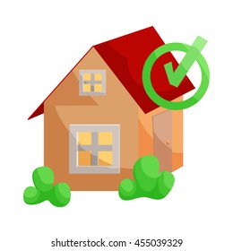 House with approval checkmark icon in cartoon style isolated on white background
