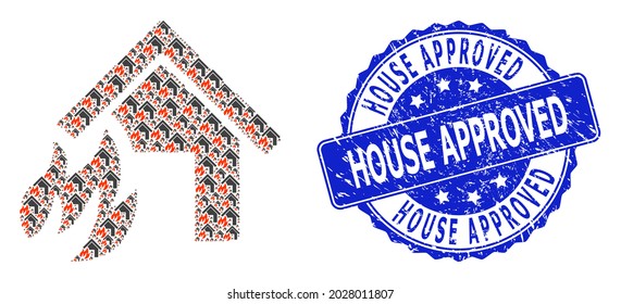 House Approved corroded round stamp and vector recursive mosaic house fire disaster. Blue stamp seal contains House Approved tag inside round shape.