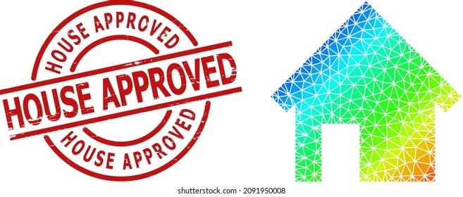 House Approved dirty stamp seal, and low-poly rainbow colored house icon with gradient. Red stamp seal contains HOUSE APPROVED title inside round and lines template.