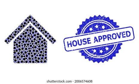 Cámara Sello de caucho aprobado y casa de mosaico de recursión vectorial. El sello azul contiene el título aprobado en la casa dentro de la rosette. El mosaico vectorial se realiza con pictogramas de casa girados recursivos.