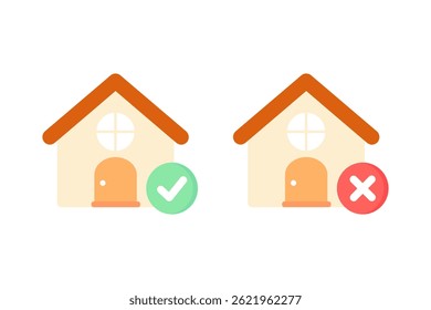 Casa com marca de verificação aprovada e ícone de marca de cruz. Imobiliário, propriedade, construção, residencial, qualidade, conceitos de garantia. Ilustração isolada de design de vetor plano.