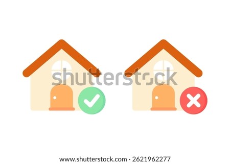 House with approved tick check mark and cross mark icon. Real estate, property, construction, residential, quality, guarantee concepts. Flat vector design isolated illustration.