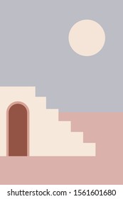 House with arch and stair in evening desert. Minimal modern geometric architecture concept. Pastel colors illustration