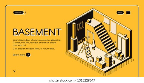 House architect, design company isometric vector web banner, landing page template. Basement cross section interior with pantry under stairs, cardboard boxes, ladder and boiler line art illustration