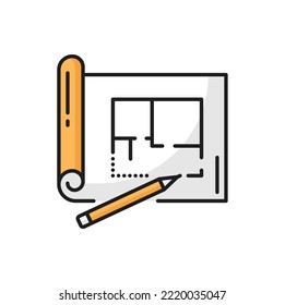 House architect development plan, technical drawing project scheme and pencil outline icon. Vector paper plan draft, technical architecture document and pen