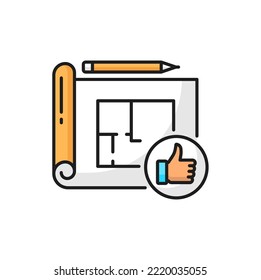 House architect plan approved, technical drawing and well done sign. Vector paper plan draft, ok hand gesture and interior design icon