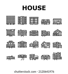 House Architectural Exterior Icons Set Vector. Cape Cod And Condo, Greek Revival And Victorian House, Apartment And Craftsman Building, Ranch And Farmhouse Line. Black Contour Illustrations