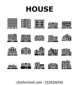 House Architectural Exterior Icons Set Vector. Cape Cod And Condo, Greek Revival And Victorian House, Apartment And Craftsman Building, Ranch And Farmhouse Glyph Pictograms Black Illustrations