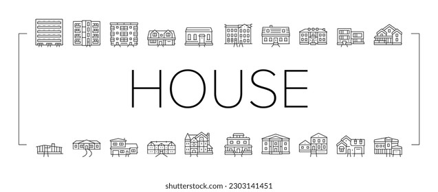 Hausarchitektonische Außensymbole Set Vektorgrafik. Cape Cod and Condo, griechisches Revival und viktorianisches Haus, Apartment- und Handwerkergebäude, Ranch und Bauernlinie. Schwarze Farbbilder