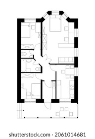 House architectural plan. Black and white technical drawing with furniture. Project with bay window. Vector illustration.