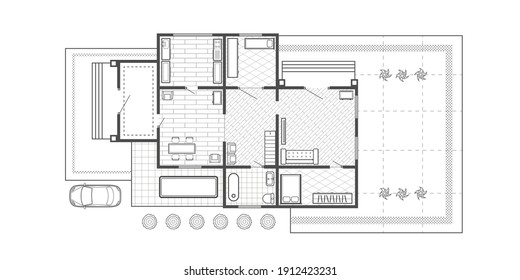 House Architectural Plan .Technical Drawing Background.Engineering Design .Vector , Illustration.