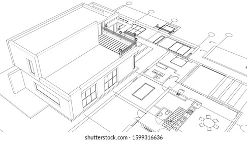 house architectural project sketch 3d illustration