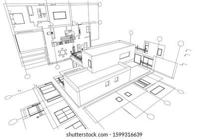 house architectural project sketch 3d illustration