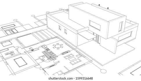 house architectural project sketch 3d illustration