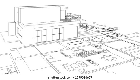 house architectural project sketch 3d illustration