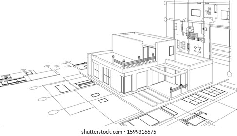 house architectural project sketch 3d illustration