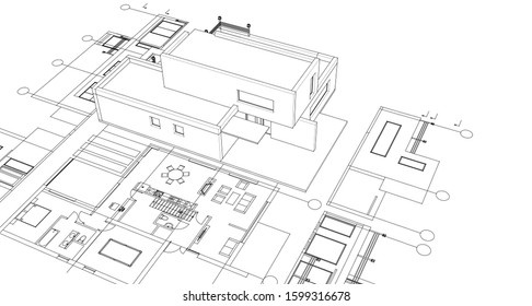 house architectural project sketch 3d illustration