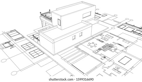 house architectural project sketch 3d illustration