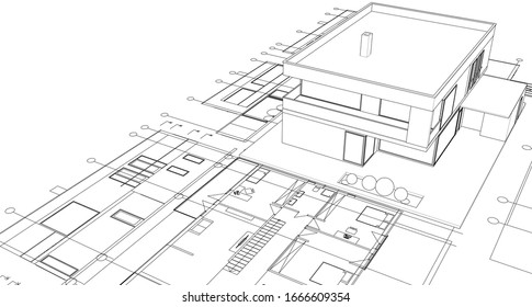 house architectural project sketch 3d illustration