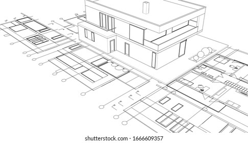 house architectural project sketch 3d illustration