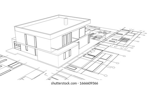 dibujo del proyecto arquitectónico de la casa Ilustración 3d