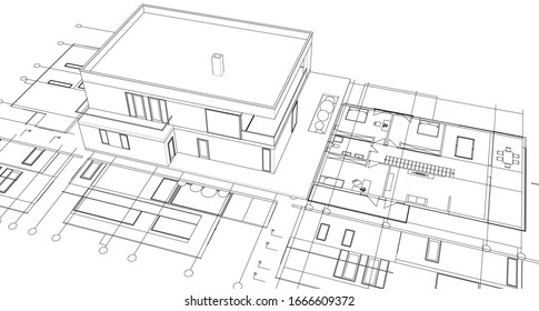 house architectural project sketch 3d illustration
