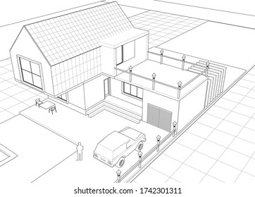 dibujo del proyecto de arquitectura de casa ilustración 3d