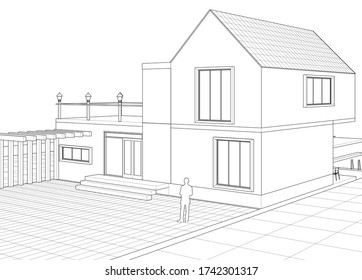 dibujo del proyecto de arquitectura de casa ilustración 3d