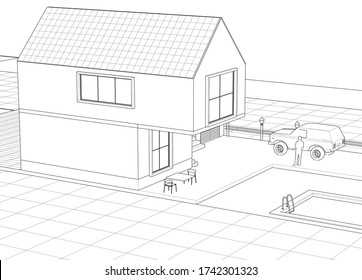 house architectural project sketch 3d illustration
