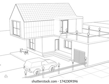 house architectural project sketch 3d illustration