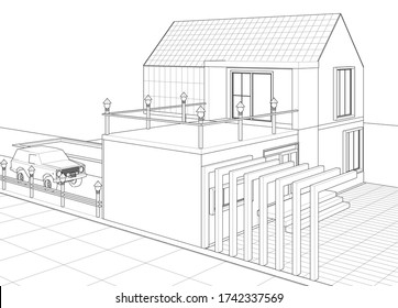 dibujo del proyecto de arquitectura de casa ilustración 3d