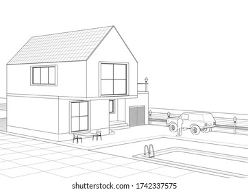 house architectural project sketch 3d illustration
