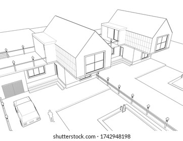 dibujo del proyecto de arquitectura de casa ilustración 3d