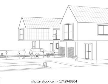 dibujo del proyecto de arquitectura de casa ilustración 3d