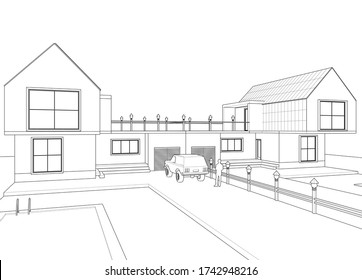 dibujo del proyecto de arquitectura de casa ilustración 3d