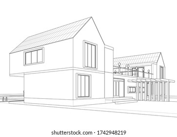 dibujo del proyecto de arquitectura de casa ilustración 3d
