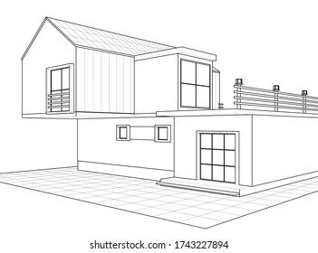 dibujo del proyecto de arquitectura de casa ilustración 3d