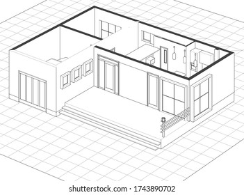 dibujo del proyecto de arquitectura de casa ilustración 3d