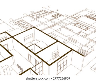 house architectural project sketch 3d illustration