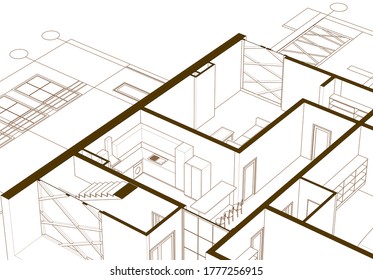 dibujo del proyecto de arquitectura de casa ilustración 3d