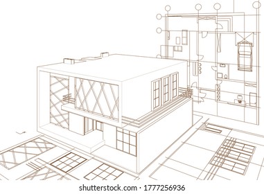 dibujo del proyecto de arquitectura de casa ilustración 3d