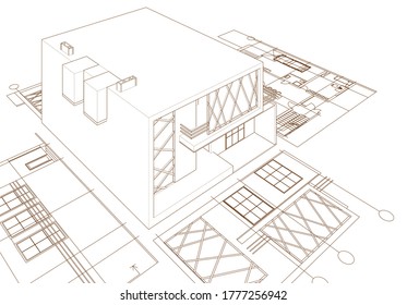 house architectural project sketch 3d illustration