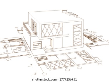 dibujo del proyecto de arquitectura de casa ilustración 3d