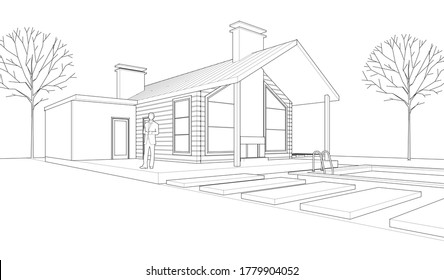 dibujo del proyecto de arquitectura de casa ilustración 3d