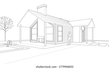 house architectural project sketch 3d illustration