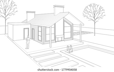 dibujo del proyecto de arquitectura de casa ilustración 3d