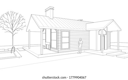 dibujo del proyecto de arquitectura de casa ilustración 3d
