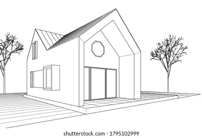 house architectural project sketch 3d illustration