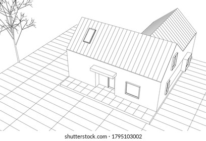house architectural project sketch 3d illustration